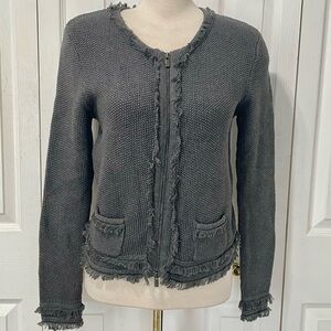 Cotton by Autumn Cashmere Zip Up Fringed Gray Women's Sweater